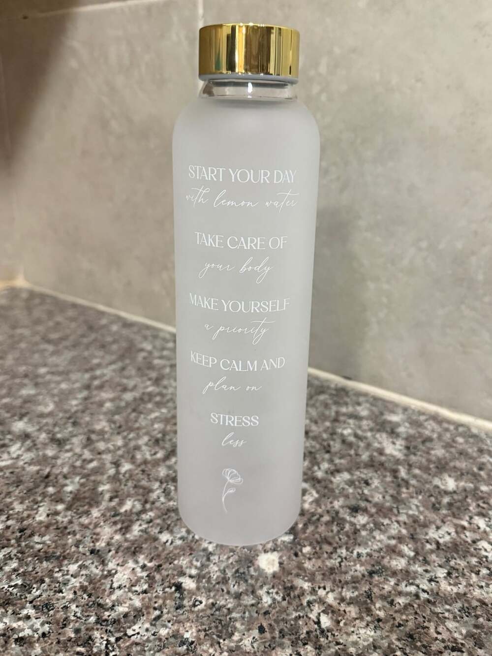 Frosted Glass Water Bottle Motivational Time Marker Gold Lid
